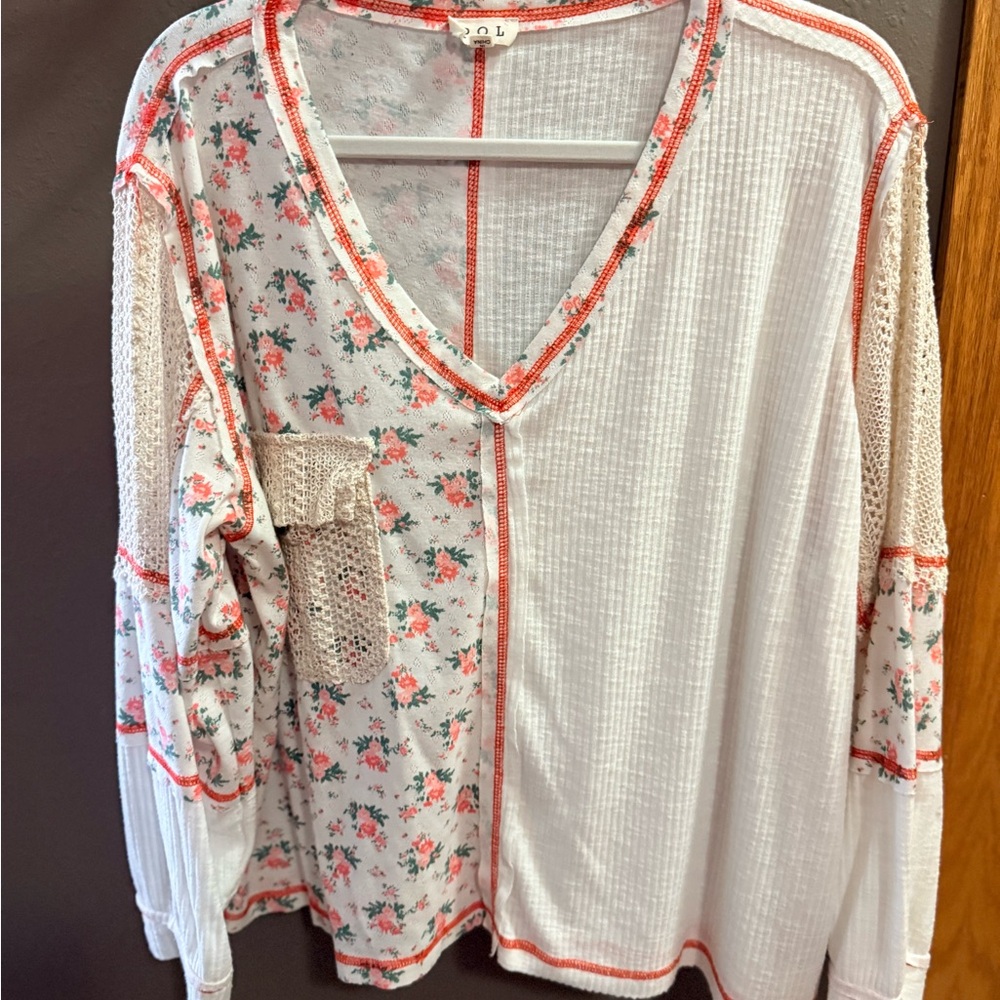 POL Floral Patchwork V-Neck Blouse - White and Pink